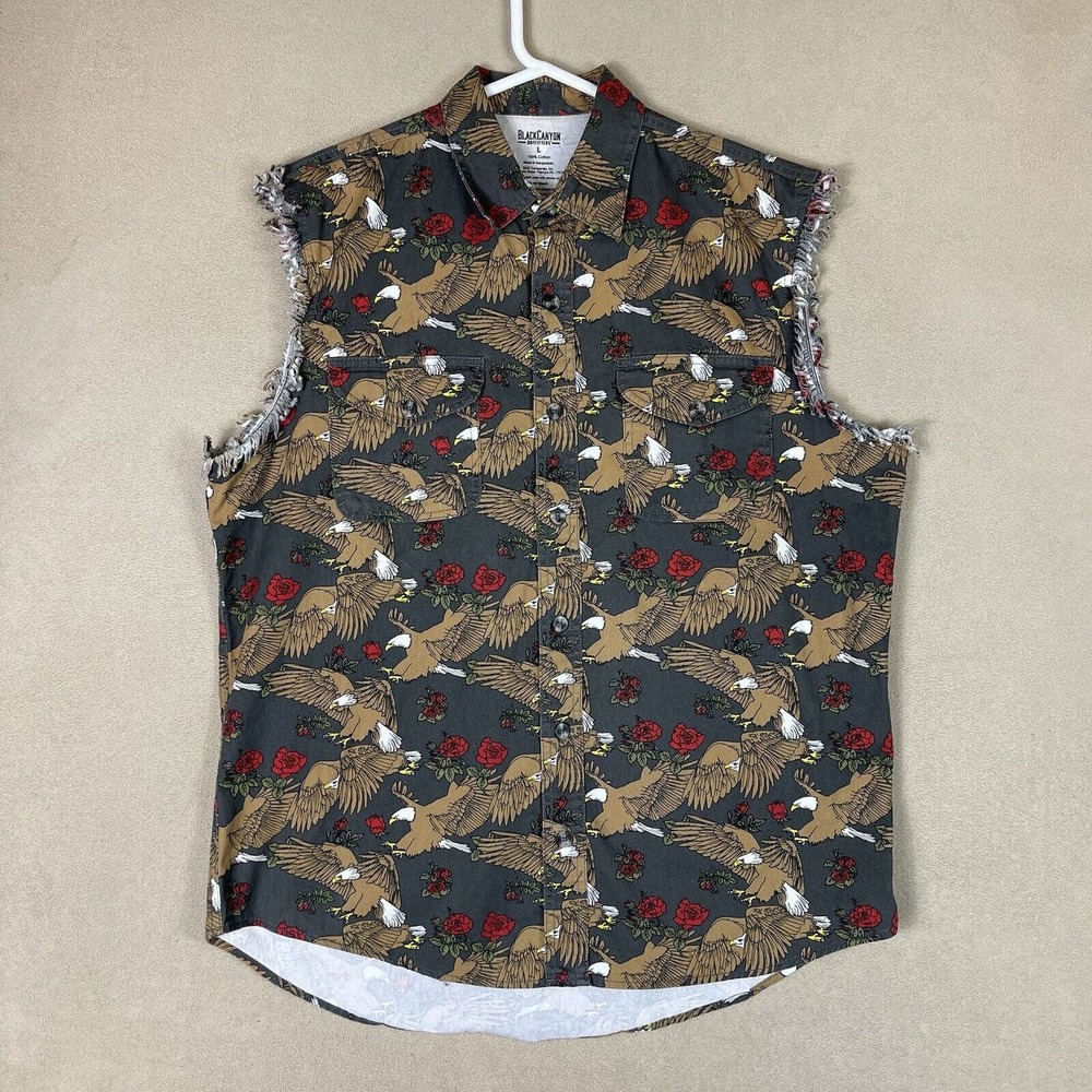Black‎ Canyon Shirt Mens Large Black Roses Eagle Sleeveless Button Up Adult